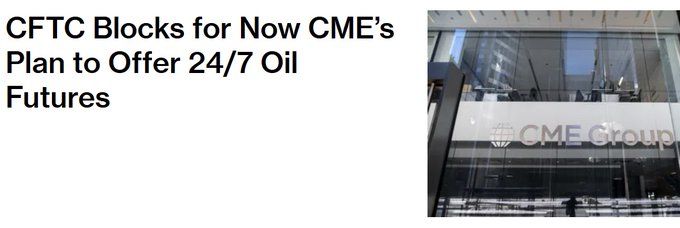A headline reads "CFTC Blocks for Now CME's Plan to Offer 24/7 Oil Futures" next to an image of the CME Group office building. The image relates to the post about CME wanting to expand oil futures trading hours to weekends, mimicking the 24/7 crypto trading style.