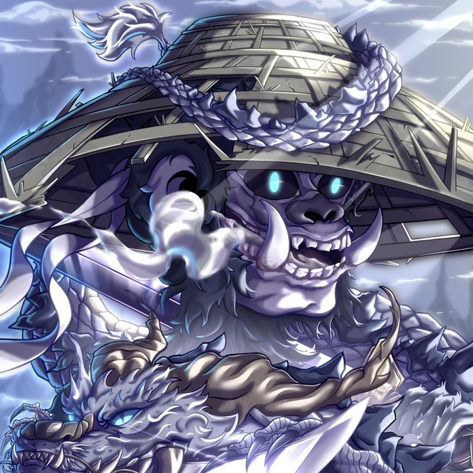 An illustration depicts a fierce, monstrous creature with glowing blue eyes wearing a large conical straw hat, set against a cloudy sky background.