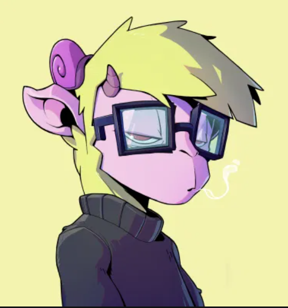 The image features a cartoon-style anthropomorphic goat with purple skin, spiky blonde hair, small horns, square glasses, and a black turtleneck, exhaling a puff of smoke against a pale yellow background. The post from "gGOATED @GoatsOfSolana" suggests the character serves as a stylized mascot or avatar for the Solana-based "Goats" crypto project, with the art emphasizing a laid-back, "goated" (i.e., legendary) vibe.