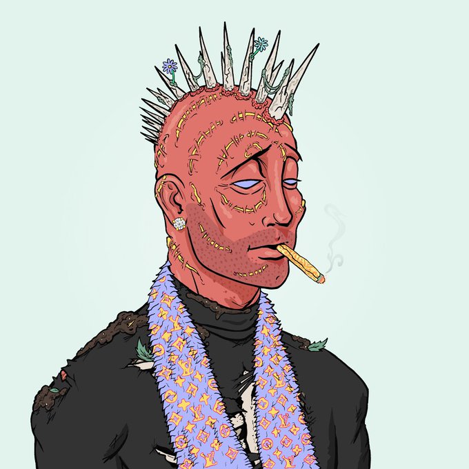 A stylized digital illustration depicts a man with a spiked mohawk, facial scars, and a blue patterned scarf, smoking a cigarette.