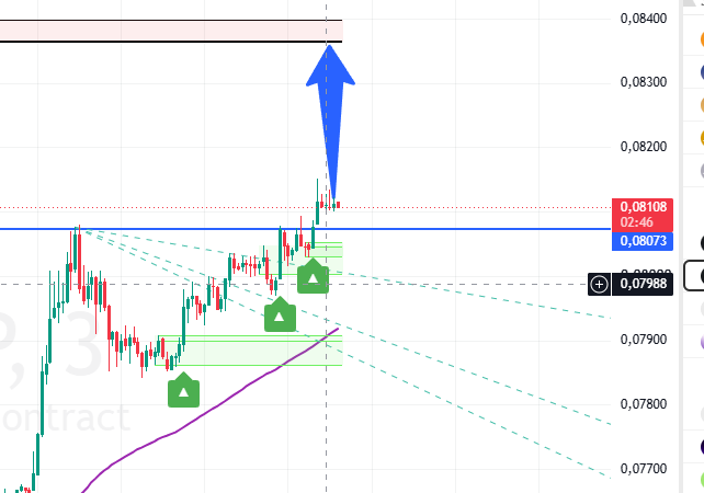 A candlestick chart shows a recent price spike to around 0.0810 (highlighted at 0.08108) breaking above a horizontal resistance line at 0.07988, with a large blue arrow pointing upward toward 0.0840, visually representing the bullish target zone suggested in the post. Green house-shaped markers and a purple trendline reinforce the upward breakout, supporting the analysis that BASEDBU's formation targets the tip of the arrow's point.
