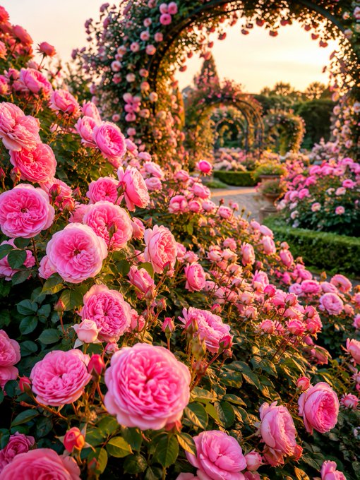 A lush garden scene showcases abundant pink roses blooming in the foreground with archways covered in flowers, captured in soft, warm lighting.