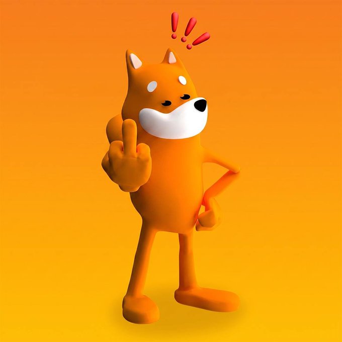 A 3D-rendered orange Shiba Inu dog character stands against an orange background, holding up two fingers with red exclamation marks above its head, appearing to be in a state of alarm or realization.
