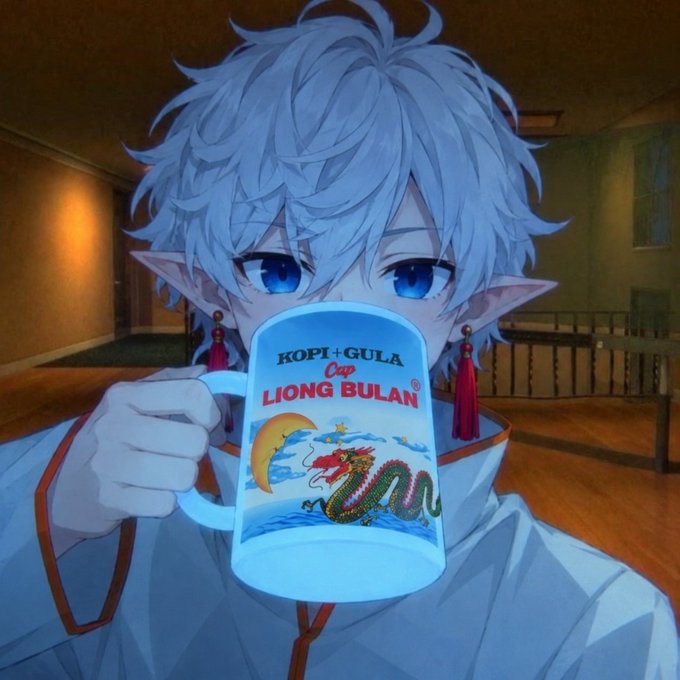 An anime character with pointed ears and white hair drinks from a mug labeled "KOPI+GULA Cap LIONG BULAN," humorously marking their first "GM" (good morning) crypto post of Q4 October with a nod to Liong Bulan—a play on "Bitcoin bulan" (Bitcoin moon). The cozy indoor setting and casual mug-sipping pose give it a relaxed, welcoming vibe fitting the "please be nice" sentiment.