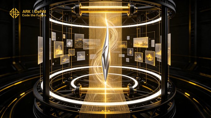 The image showcases the "ARK | DeFAI" logo with the tagline "Code the Future" in the top left corner, featuring a futuristic display of a metallic AI artifact surrounded by glowing golden light and floating digital images within a high-tech cylindrical chamber.

This visual metaphorically reinforces the post's message by depicting an advanced AI ecosystem where creators build and scale with AI Agents, symbolizing how ARK's network is shaped by builder-driven innovation and technological progress.