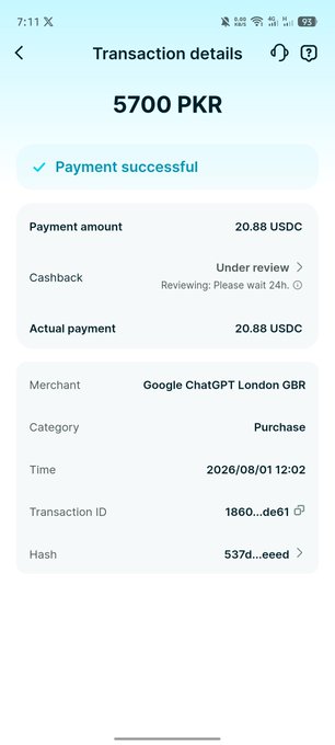 Mobile app screenshot showing a successful transaction of 5700 PKR (20.88 USDC) at the merchant 'Google ChatGPT London OBR', dated 2026/08/01.