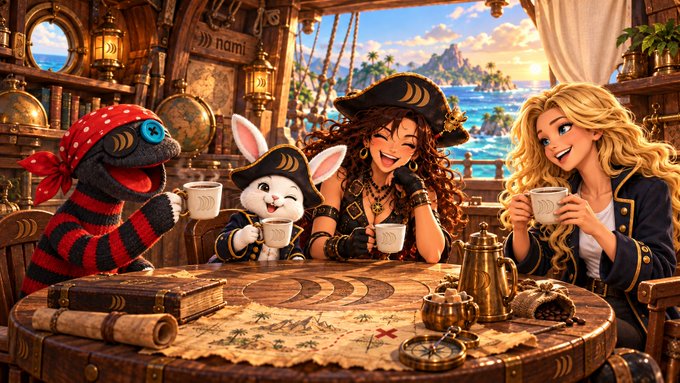 A digital illustration depicting cartoon versions of a sock monkey, a white rabbit, a pirate woman, and Elsa from Frozen drinking from mugs at a wooden table with a treasure map, set on a pirate ship.