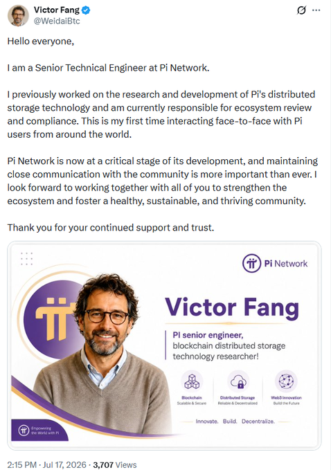 The image shows a tweet from Victor Fang (@WeidaiBtc) introducing himself as a "Senior Technical Engineer at Pi Network" involved with blockchain distributed storage technology, posted on July 17, 2026. The accompanying warning labels this as a scammer impersonating Pi Network staff, urging users not to share their passphrase or personal information with the individual claiming to be a Pi Core Team employee.