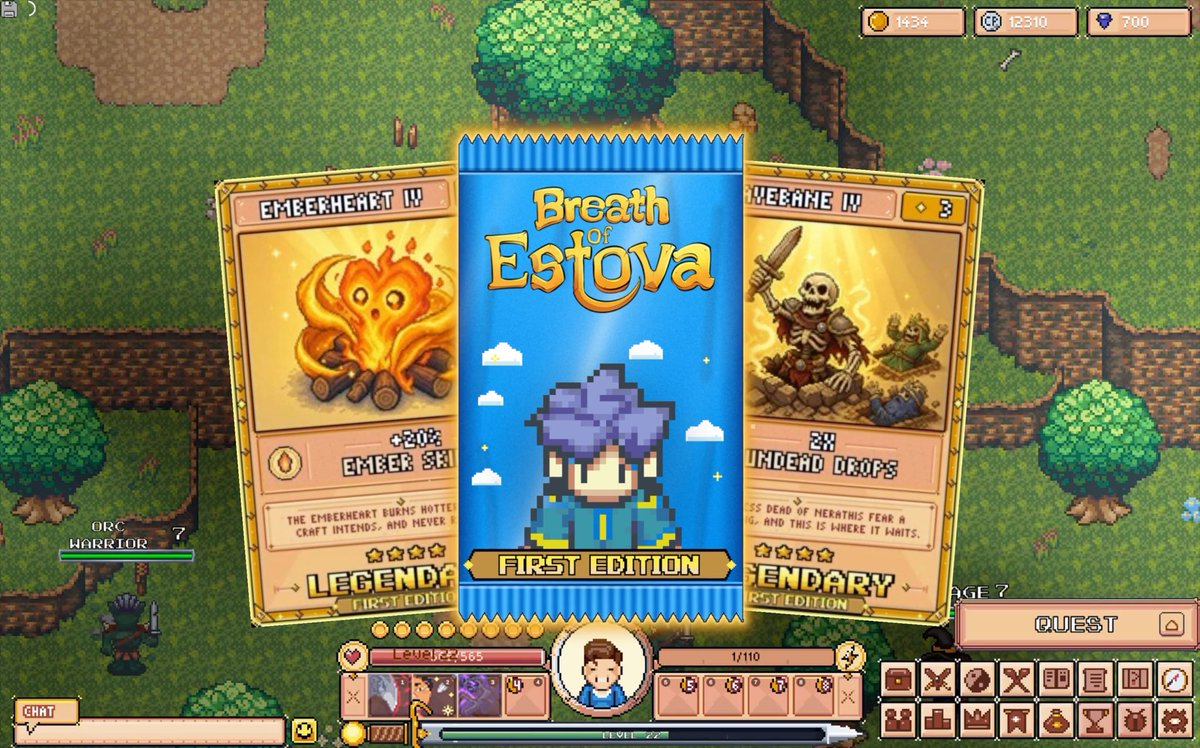 The image shows a screenshot from the pixel art NFT game "Breath of Estova," displaying legendary cards like "Emberheart IV" and an undead warrior, along with a character interface showing level 27 and quest options. The image relates to the accompanying post by promoting the game's NFT mint event, scheduled for 15:00 UTC with tiered pricing starting at a $15 guaranteed price.