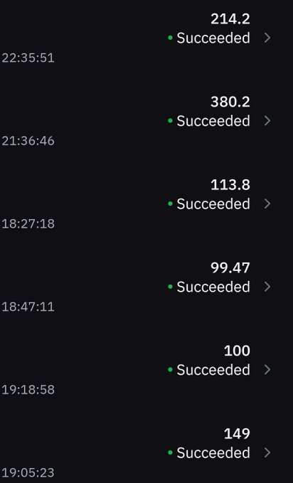 The image shows a list of six successful transactions with timestamps and amounts in $SOL (214.2, 380.2, 113.8, 99.47, 100, and 149), all marked as "Succeeded." This relates to the airdrop post as it serves as proof of past reward distributions, demonstrating that the poster has previously sent SOL to followers to encourage more participants to drop their wallet addresses.