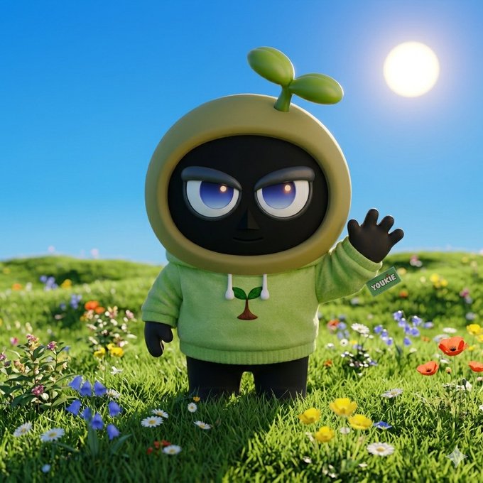 The image features a cartoon character, possibly a boy or a girl, standing in a field of flowers with a green hoodie on. The character has a plant sprouting from their head, adding a unique touch to their appearance. The background is filled with various types of colorful flowers and grass, creating a vibrant and lively atmosphere. The image also includes text that reads "gYoukie web gWhat are your plans for next week. I plan on continuing to build an nft marketplace using @EmblemVault I still have to figure out the error i got on @megaeth moss wallet And obviously continue growing the @YoukieVerse". This suggests that the character might be involved in a creative project or activity related to the world of NFTs and digital art.