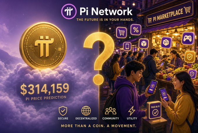 A promotional graphic for Pi Network featuring a golden Pi coin, a large question mark, the price prediction '$314,159', and the tagline 'THE FUTURE IS IN YOUR HANDS', showing people using the Pi Marketplace app.