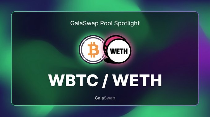 A GalaSwap Pool Spotlight graphic prominently features the "WBTC / WETH" pair, displaying token logos for both, to promote the trading pool detailed in the accompanying post.