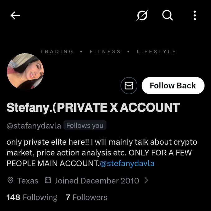 An X (Twitter) profile page for 'Stefany.(PRIVATE X ACCOUNT)' (@stafanydavla), a Texas-based user with 148 Following and 7 Followers, describing a private account focused on crypto market and price action analysis.