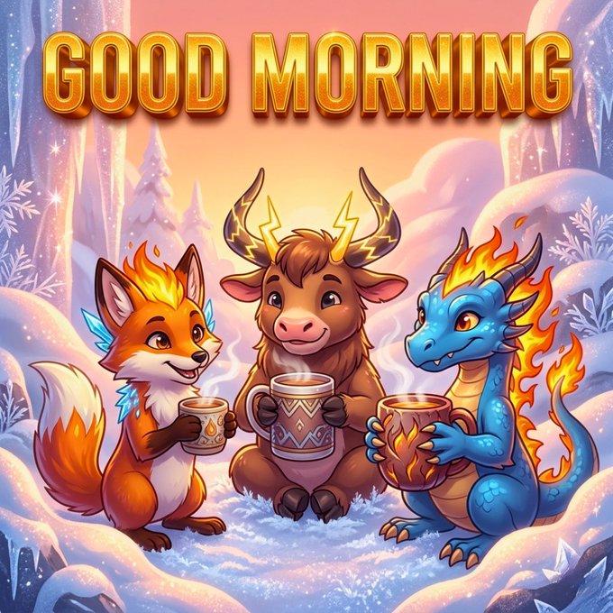 The image shows a "GOOD MORNING" greeting featuring a fox, deer, and dragon sipping warm drinks together in a snowy landscape, fitting the post's theme of the Companeons NFT community and DAO.