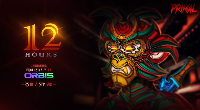 A promotional graphic featuring a tribal mask character with glowing yellow eyes and red and green feathers, advertising 'PRIMAL' launching exclusively on ORBIS in 12 hours at 5 PM UTC.