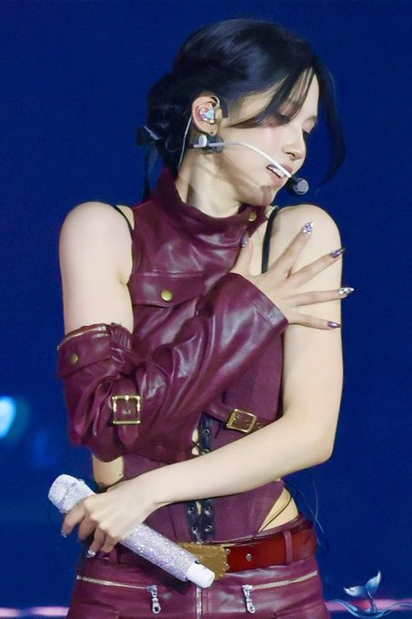 A female performer on stage wearing a burgundy leather outfit, a headset microphone, and holding a sparkly microphone.