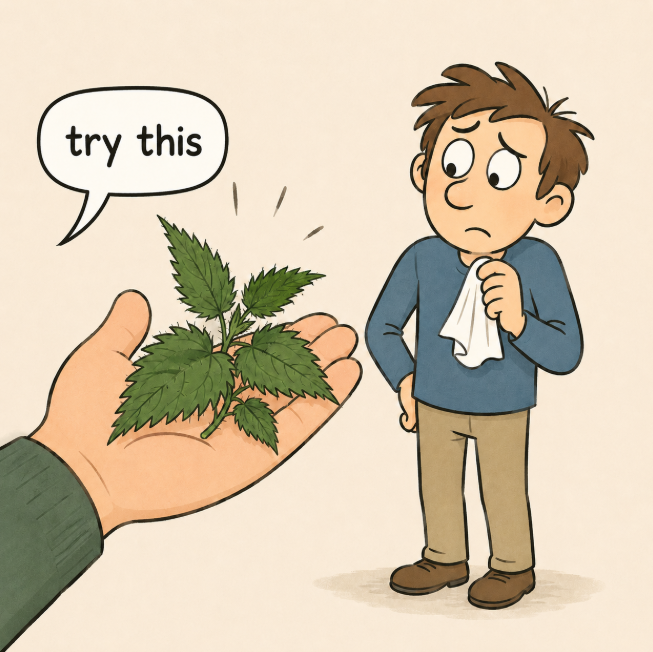 A cartoon illustration showing a hand offering a stinging nettle plant with a speech bubble saying 'try this,' while a worried-looking boy in a blue sweater holds a tissue nearby.