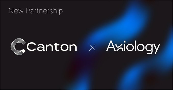 Partnership announcement graphic reading 'New Partnership - Canton × Axiology' on a dark background with blue accents.