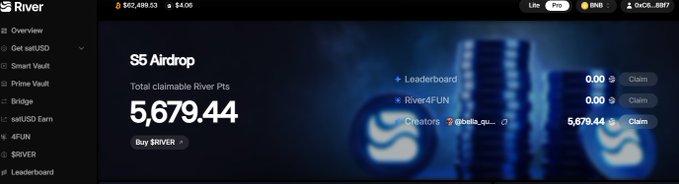 A dark-themed dashboard screenshot from 'River' showing an 'S5 Airdrop' with 5,679.44 total claimable River Points, a 'Buy $RIVER' button, and various claim options for Leaderboard, River4FUN, and Creators.