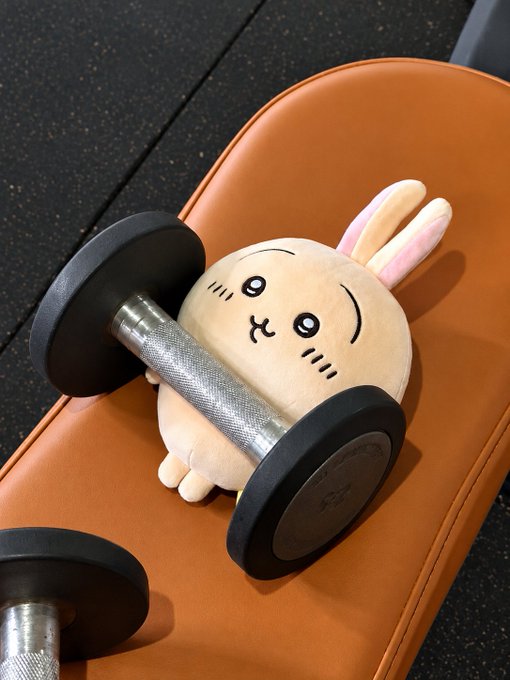 A cute plush toy of a rabbit-like character lying on a brown leather surface while gripping a metal dumbbell, with its reflection visible on the surface beneath.
