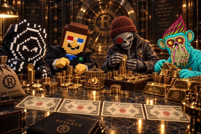 An AI-generated scene depicting a heist or counting of 'The Reserve' currency, featuring characters including a glitchy figure in a black hoodie, a blocky voxel-style character, a skeletal figure in a beanie, and a colorful blue monkey, all gathered around a table with stacks of gold coins and notes labeled 'THE RESERVE' and 'R'.
