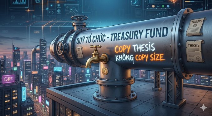 A large industrial pipe labeled "QUỸ TỔ CHỨC - TREASURY FUND" features a brass faucet dripping liquid, with the phrase "COPY THESIS KHÔNG COPY SIZE" displayed in orange and white text against a neon cityscape background.