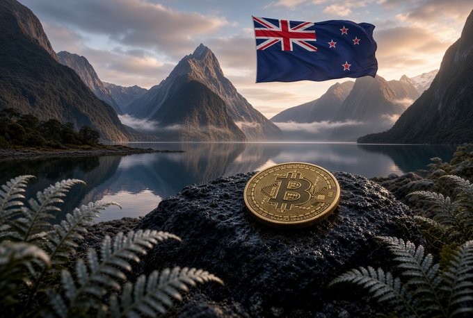 A New Zealand flag waves above a golden Bitcoin resting on a rocky outcrop in a scenic fjord landscape, symbolizing the ACT Party's proposed tax-free crypto policy. The image visually represents the intersection of New Zealand identity and cryptocurrency as a centerpiece of the political campaign.