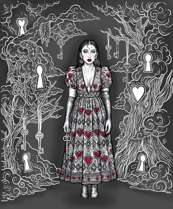 A detailed black and white illustration of a woman in a heart-patterned dress with red accents, surrounded by surreal elements including keys, keyholes, bare trees, and swirling clouds.