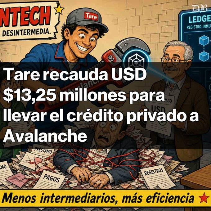 Spanish-language illustrated advertisement reading 'Tare recauda USD $13,25 millones para llevar el crédito privado a Avalanche' with the tagline 'Menos intermediarios, más eficiencia.'