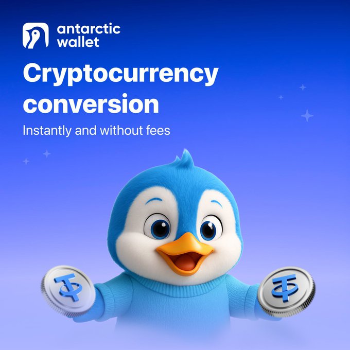 A promotional image for 'Antarctic Wallet' featuring a cute 3D-rendered blue penguin mascot holding two coins, with the text 'Cryptocurrency conversion. Instantly and without fees'.