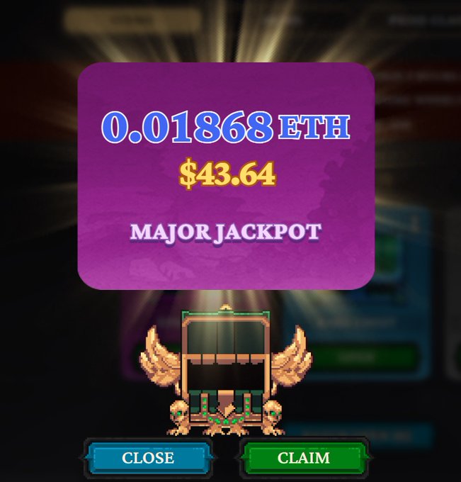 A pixel-art game screen shows a 'MAJOR JACKPOT' of 0.01868 ETH ($43.64) with CLOSE and CLAIM buttons.