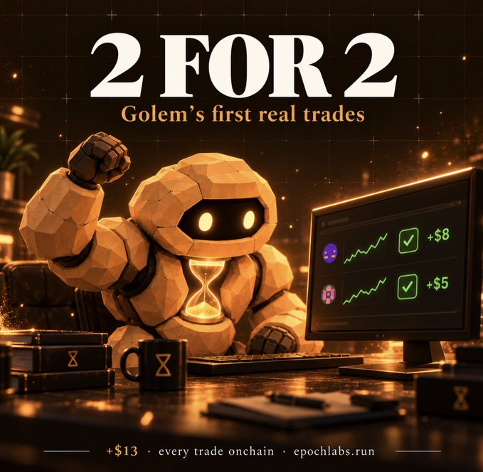A digital advertisement showing a stone golem character at a desk with a computer displaying trading charts, with '2 FOR 2 Golem's first real trades' and '+$13 every trade onchain epochlabs.run' written on it.