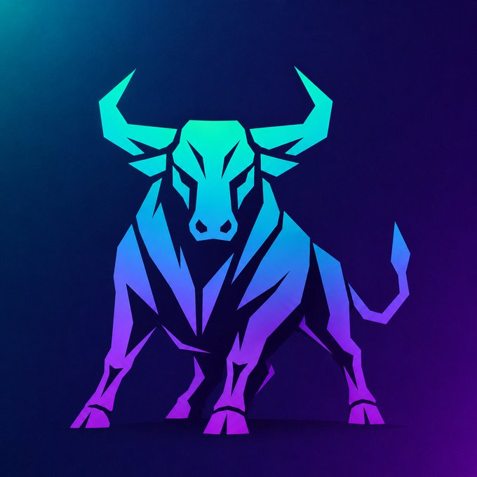 A geometric, low-poly style illustration of a charging bull in vibrant teal and purple gradient colors against a dark background.