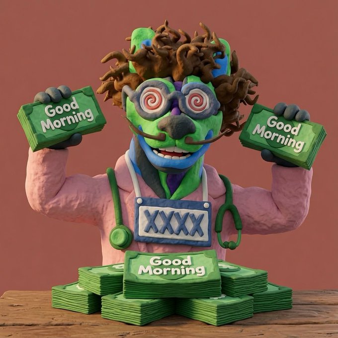 A whacky 3D-rendered character with wild hair and swirling glasses excitedly holds up stacks of green bills labeled "Good Morning," with a name tag reading "XXXX," playfully matching the post's energetic "good morning everyone (get money)" message.