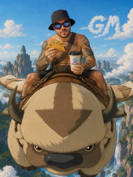 A digital illustration shows a tattooed shirtless man wearing a bucket hat and sunglasses riding on the back of a large flying creature resembling Appa from Avatar, holding a taco and a coffee cup labeled "SOLANA" against a backdrop of floating mountains and clouds with "GM" written in the sky.