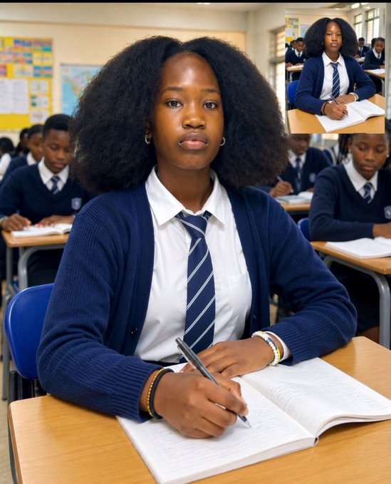 A young woman in a school uniform writes in a notebook at her desk in a classroom, with an inset image showing her from another angle.