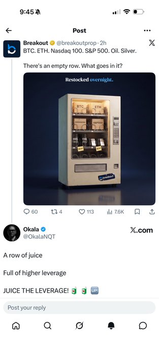 A social media post shows a Breakout vending machine image labeled "Restocked overnight" with BTC, ETH, Nasdaq 100, S&P 500, Oil, and Silver slots, prompting a community response from @OkalaNQT who jokes "A row of juice / Full of higher leverage" and celebrates "JUICE THE LEVERAGE!" with "3 🚀 UP" emojis, illustrating the prop firm's responsiveness to trader demand for increased leverage.