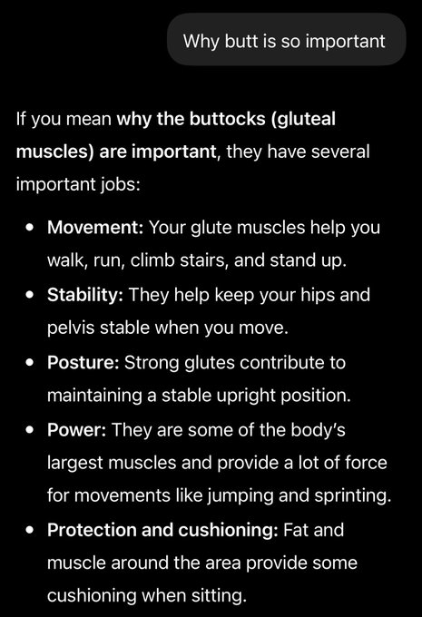 A screenshot from an AI assistant explaining 'Why butt is so important', listing the functions of gluteal muscles including Movement, Stability, Posture, Power, and Protection and cushioning.