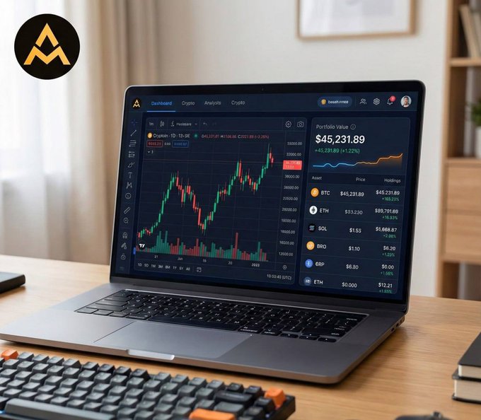 A laptop displays the MyAlgoTech crypto dashboard showing a BTC price chart at $45,231.89 and a portfolio value of $45,231.89, alongside an external keyboard on a wooden desk. The image reinforces the post's message by illustrating how the platform transforms market data into a structured, rules-based trading environment rather than emotional decision-making.