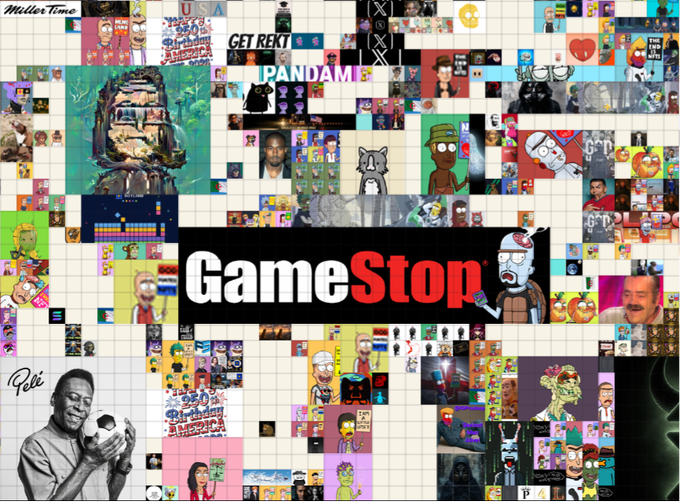 A collage of NFT pixel art images centered around a GameStop logo, featuring various meme characters and text like 'PANDAM', 'USA', and 'GET REKT'.