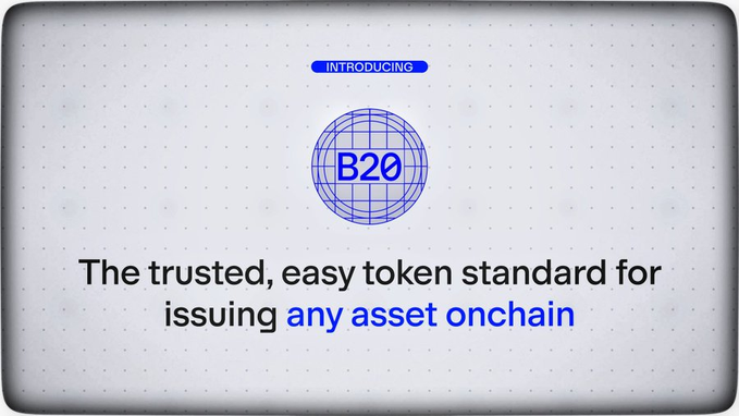 A promotional graphic introduces "B20" as "The trusted, easy token standard for issuing any asset onchain," featuring a globe logo. The image relates to the post by highlighting the B20 token standard update that could drive new token launches and increased onchain activity on Base.
