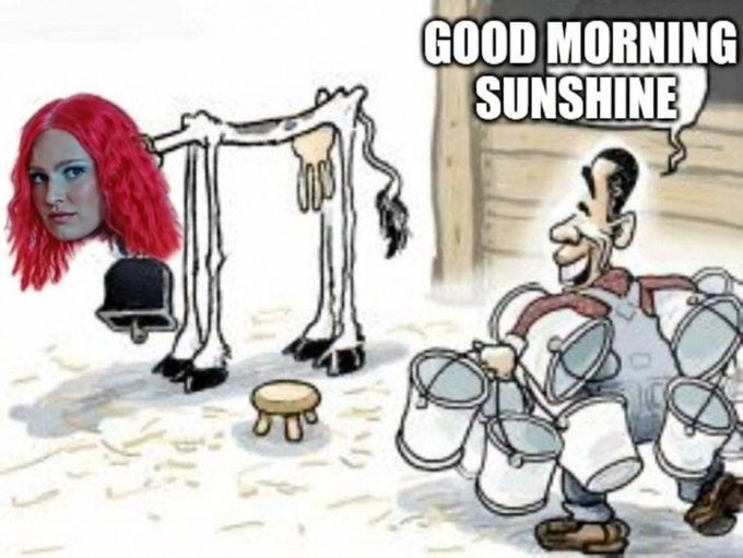 A surreal meme shows a horse with a red-haired woman's head edited in, standing next to a bell and stool, while a cartoon milkman on the right greets with 'GOOD MORNING SUNSHINE'.