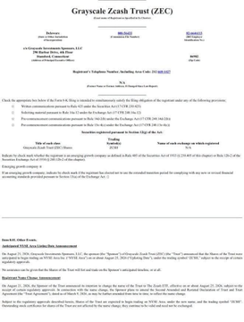A document titled 'Grayscale Zcash Trust (ZEC)' appearing to be a registration statement or prospectus with various sections including 'Investment Risks' and business details.