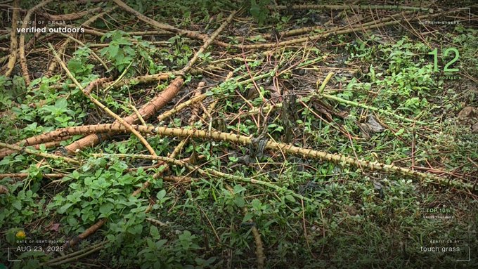 An outdoor scene displays a patch of 'youth grass' and fallen branches on the ground, overlaid with graphics reading 'STUDIO OF IDEAS varified outdoors', '12', and the date 'AUG 25, 2026'.