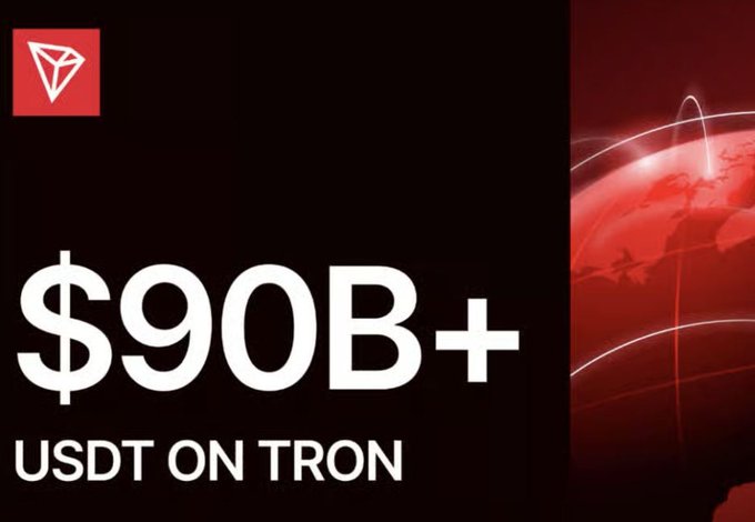 A promotional graphic with a red and black color scheme showing the TRON logo and text reading '$90B+ USDT ON TRON' alongside an image of a red globe.