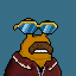 A pixel art illustration of a brown dog wearing blue sunglasses and a red hooded jacket against a teal background.
