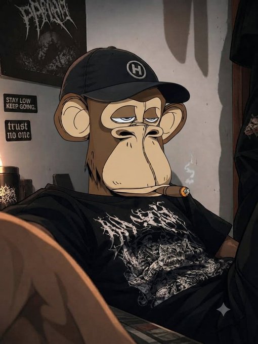 An illustrated cartoon of a bored-looking monkey wearing a black cap with an 'H' logo, smoking a cigarette, and wearing a black metal band t-shirt, with posters reading 'STAY LOW KEEP GOING.' and 'trust no one' on the wall.