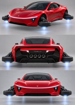 Three views of a futuristic red concept car with hover/thruster capability and sleek aerodynamic design.