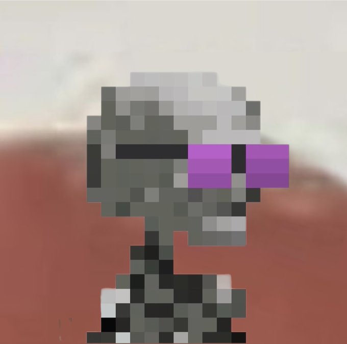 A pixel art style portrait of a figure wearing a white cap and purple visor/goggles against a muted red and beige background.